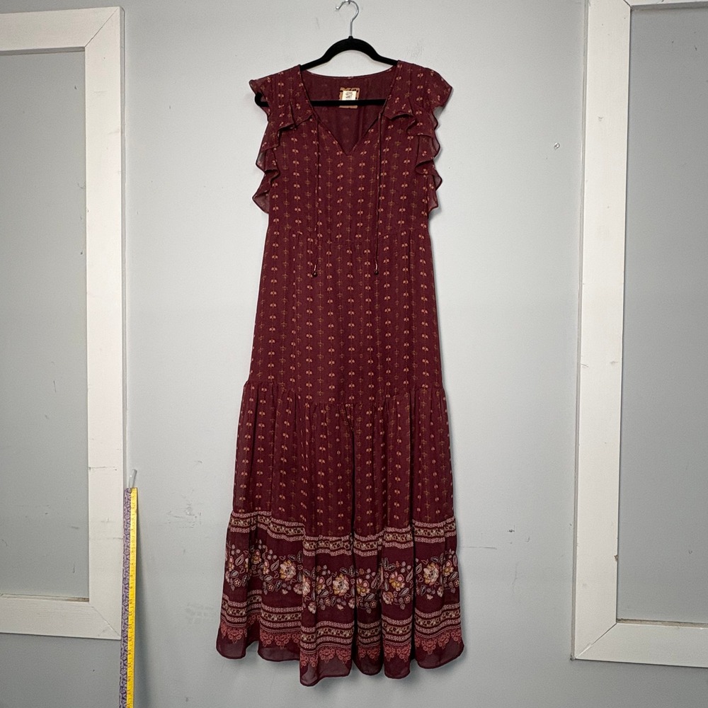 Good Hart Matilda Jane Womens Maroon Floral Tiered Maxi Dress Medium Boho